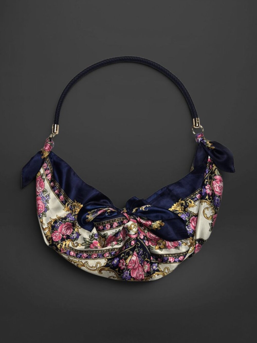 Japanese Furoshiki Scarf Navy Pink Floral Slouch Hobo Shoulder Purse